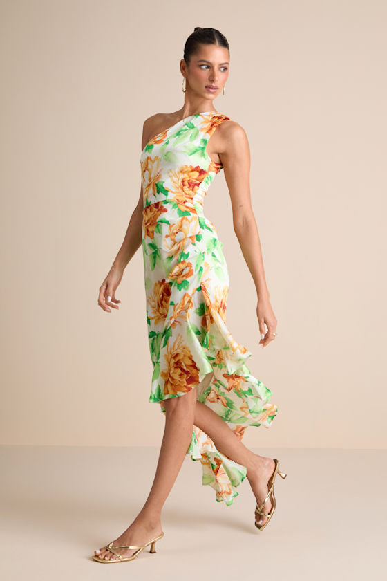 Divinely Blooming White Multi Floral One-Shoulder Midi Dress