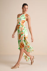Divinely Blooming White Multi Floral One-Shoulder Midi Dress