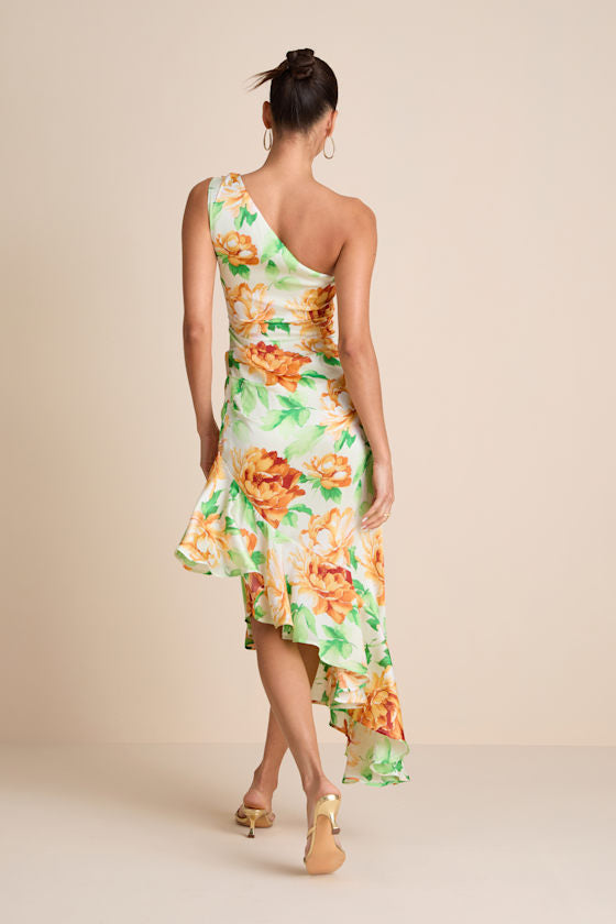 Divinely Blooming White Multi Floral One-Shoulder Midi Dress