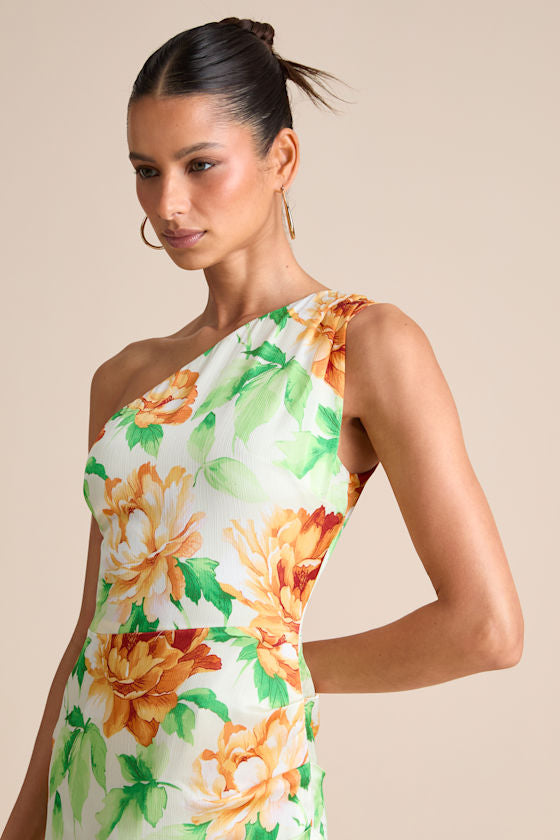 Divinely Blooming White Multi Floral One-Shoulder Midi Dress