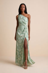 Renni Sage Green Floral Jacquard One-Shoulder Maxi Dress