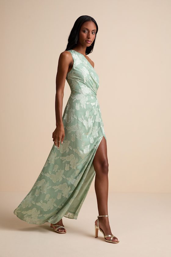 Renni Sage Green Floral Jacquard One-Shoulder Maxi Dress