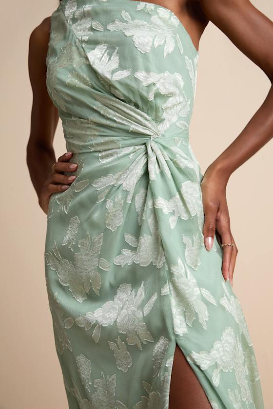 Renni Sage Green Floral Jacquard One-Shoulder Maxi Dress