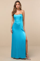 Extraordinary Presence Aqua Blue Satin Strapless Maxi Dress