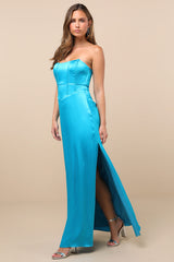 Extraordinary Presence Aqua Blue Satin Strapless Maxi Dress