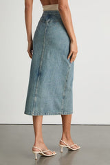 Aisling Light Wash High-Rise Denim Midi Skirt