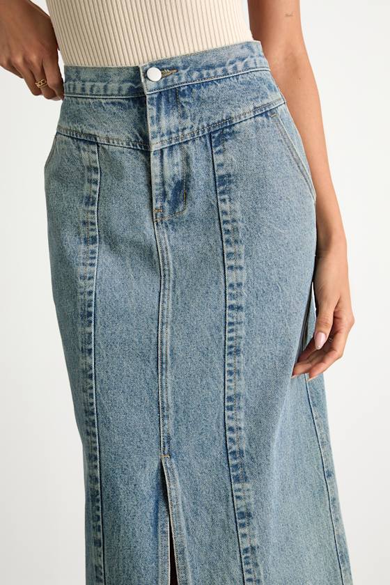 Aisling Light Wash High-Rise Denim Midi Skirt