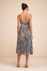 Juniva Teal Multi Abstract Print Pleated Bustier Midi Dress