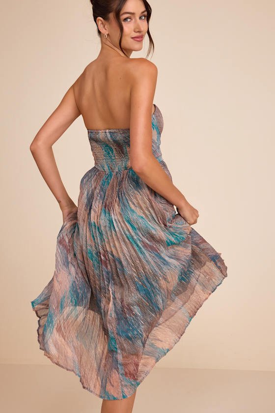 Juniva Teal Multi Abstract Print Pleated Bustier Midi Dress