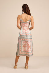 Bensley Beige Multi Boho Print Satin Wrap Midi Dress