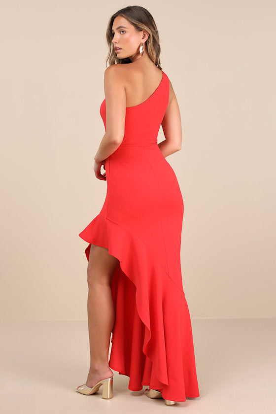 Dramatic Persona Bright Orange One-Shoulder Ruffled Maxi Dress