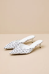 Baleia White Polka Dot Satin Kitten Heel Mule Pumps