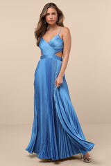 Got the Glam Blue Pleated Cutout Maxi Dress