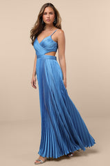 Got the Glam Blue Pleated Cutout Maxi Dress