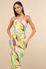 Adria Green Multi Abstract Print Mesh Maxi Dress