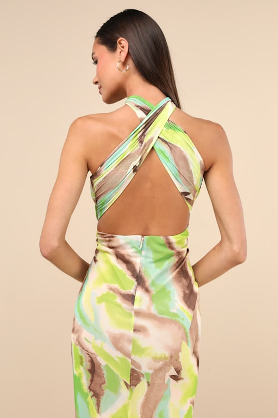 Adria Green Multi Abstract Print Mesh Maxi Dress