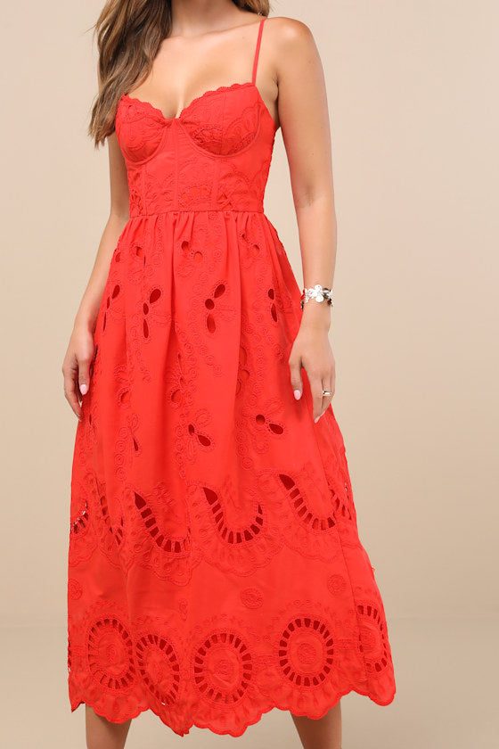 Jenora Bright Red Embroidered Bustier Midi Dress