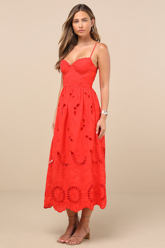 Jenora Bright Red Embroidered Bustier Midi Dress