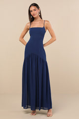 Auria Navy Blue Chiffon Drop Waist Maxi Dress