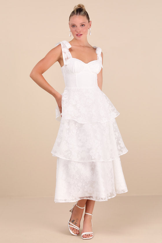 Glamorous Sweetie White Burnout Tie-Strap Bustier Midi Dress
