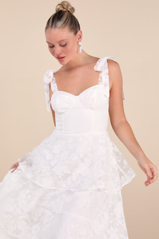 Glamorous Sweetie White Burnout Tie-Strap Bustier Midi Dress
