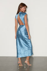 Gia Slate Blue Satin Jacquard Cutout Midi Dress
