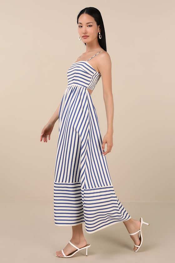 Exceptionally Pristine Blue and Cream Striped Cutout Midi Dress
