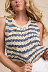 Marielle Beige and Blue Striped Crop Sweater Tank Top