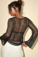 Kahele Shiny Black Sheer Open-Knit Long Sleeve Tunic Top