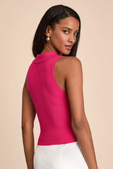 Rhaella Hot Pink Ribbed Collared Crop Sweater Tank Top