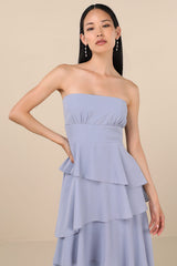 Gorgeous Essence Slate Blue Strapless Tiered Maxi Dress