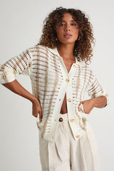 Maysen Ivory and Beige Striped Crochet Collared Cardigan