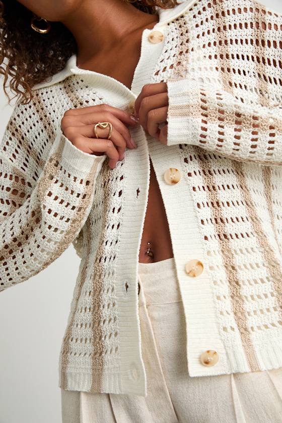 Maysen Ivory and Beige Striped Crochet Collared Cardigan