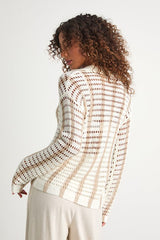Maysen Ivory and Beige Striped Crochet Collared Cardigan