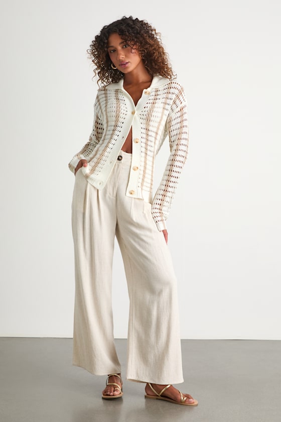 Maysen Ivory and Beige Striped Crochet Collared Cardigan