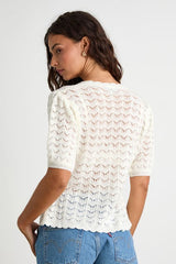 Avelyn Ivory Pointelle Knit Puff Sleeve Sweater Top