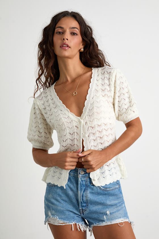 Avelyn Ivory Pointelle Knit Puff Sleeve Sweater Top