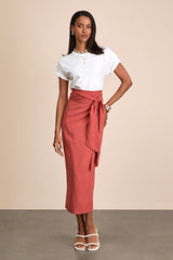 Breezy Personality Rust Red Linen Midi Wrap Skirt