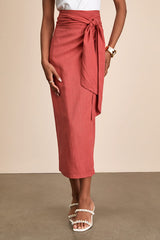 Breezy Personality Rust Red Linen Midi Wrap Skirt