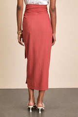 Breezy Personality Rust Red Linen Midi Wrap Skirt