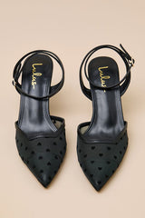 Polaris Black Mesh Heart Ankle Strap Pumps