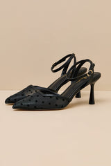 Polaris Black Mesh Heart Ankle Strap Pumps