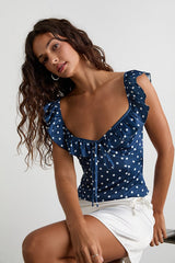 Vivi Navy Blue Polka Dot Satin Ruffled Tie-Back Top