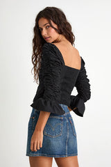 Felia Black Cotton Ruched Three-Quarter Sleeve Top