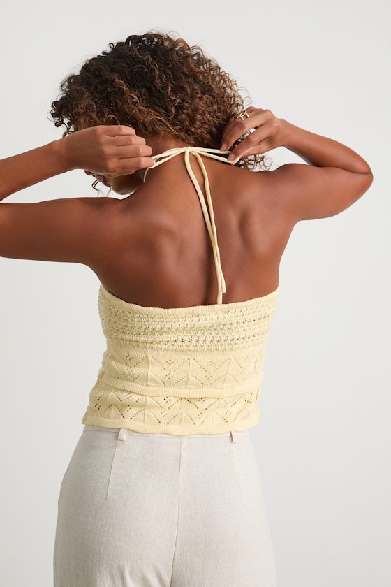Linden Light Yellow Crochet Cutout Tiered Halter Top