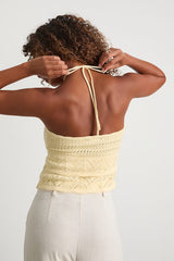 Linden Light Yellow Crochet Cutout Tiered Halter Top