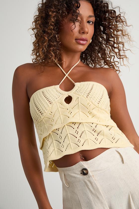 Linden Light Yellow Crochet Cutout Tiered Halter Top