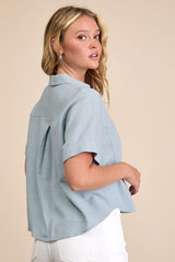 Summer Escapades Light Blue Linen Collared Button-Up Top