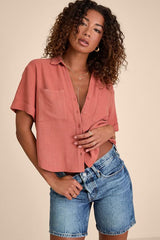Summer Escapades Rust Red Linen Collared Button-Up Top