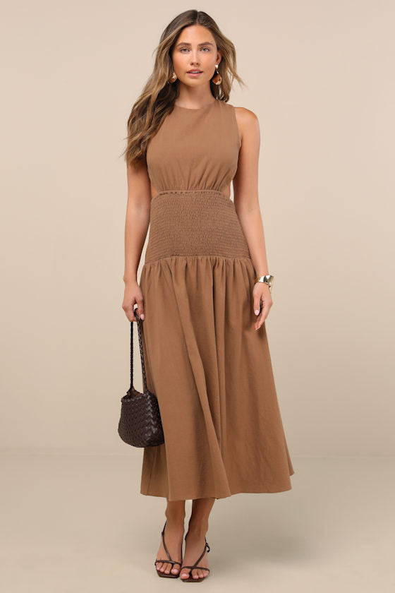 Melina Light Brown Backless Drop Waist Midi Dress